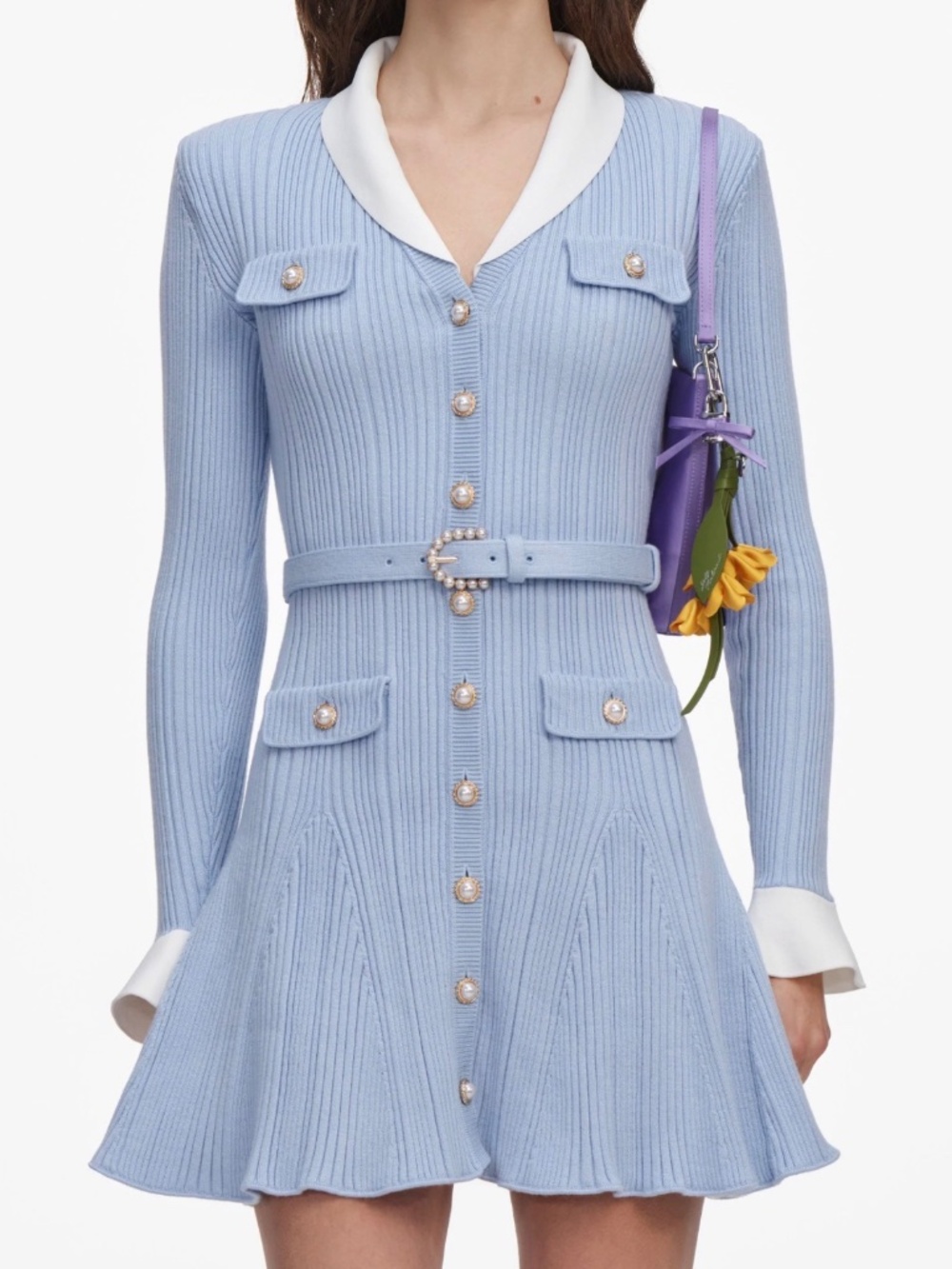 Self-Portrait BLUE RIBBED KNIT MINI DRESS - Picture 4 of 6
